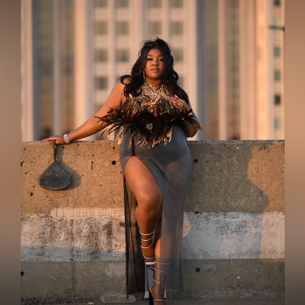 Fashion Nova Luxurious Life Feather Maxi Dress